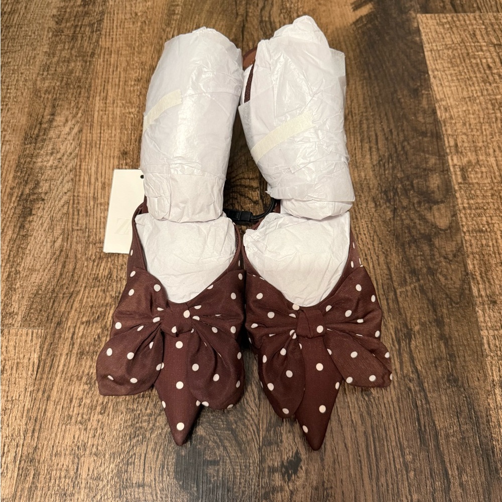 Brown and white polka dot bow Zara heels